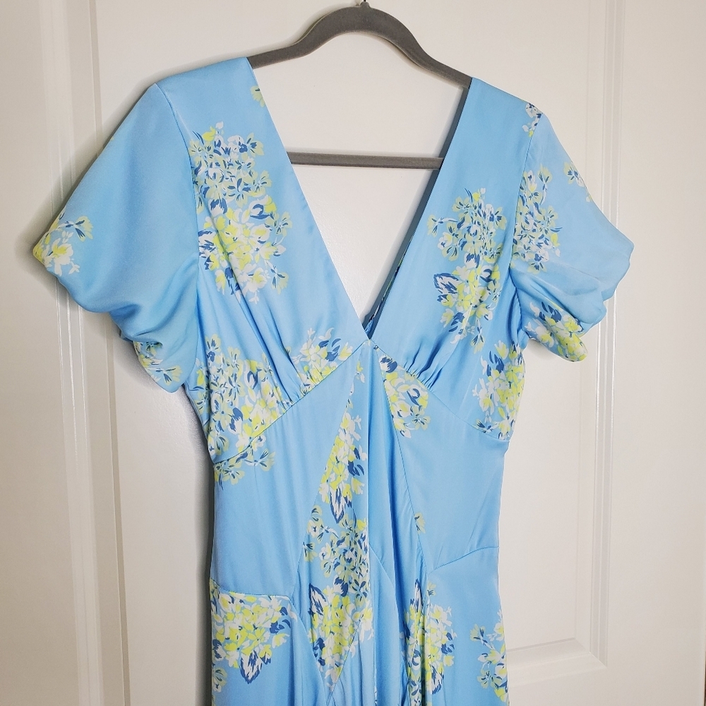 Free People Revolve Laura Blue Floral Print Satin Strappy Open Back Midi Dress - Picture 5 of 12